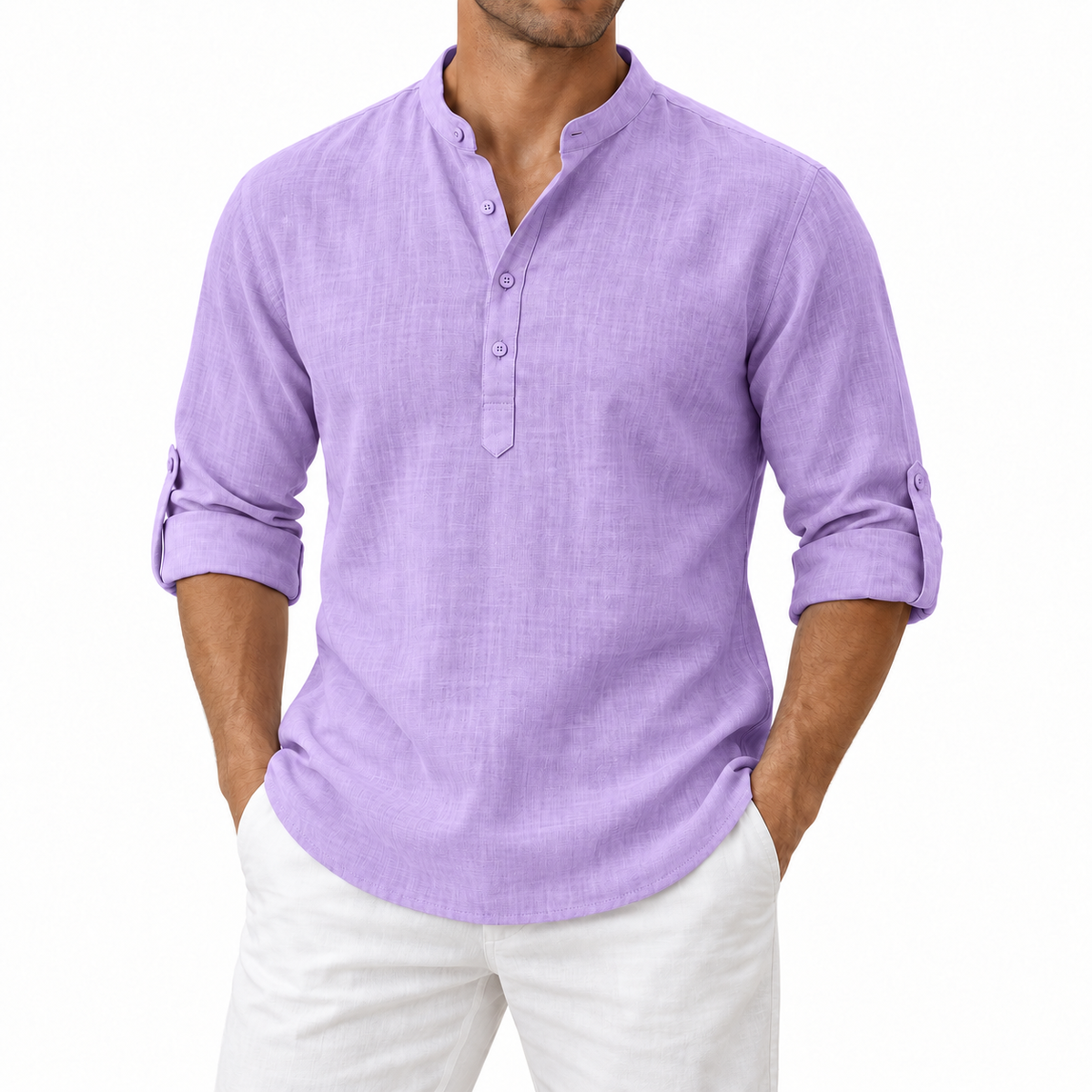 Men’s Lightweight Cotton Casual Shirt – Breathable Stand Collar Button-Up