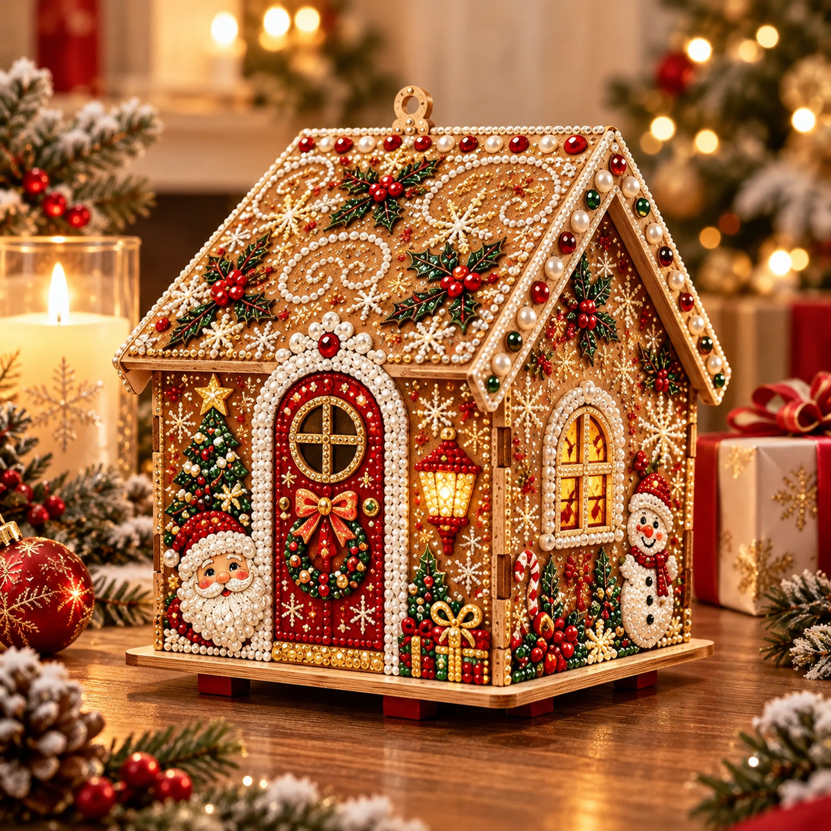 3D Christmas Wooden House Pearl & Rhinestone Art Kit