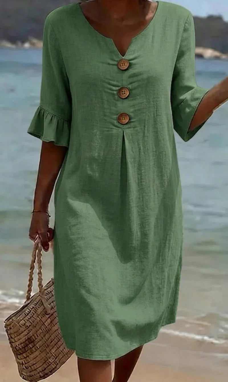 Clara Ruffle Button V-Neck Dress