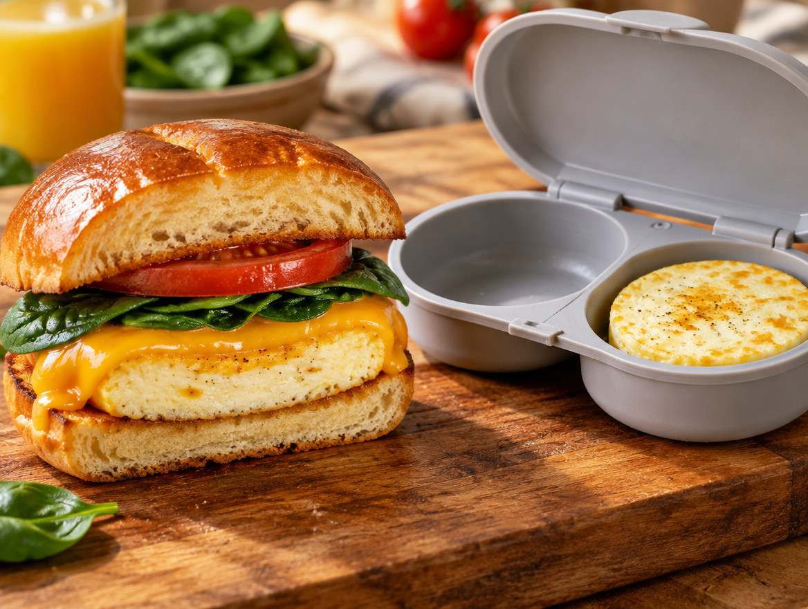 Frühstückssandwich mit rundem Ei aus dem Eierkocher