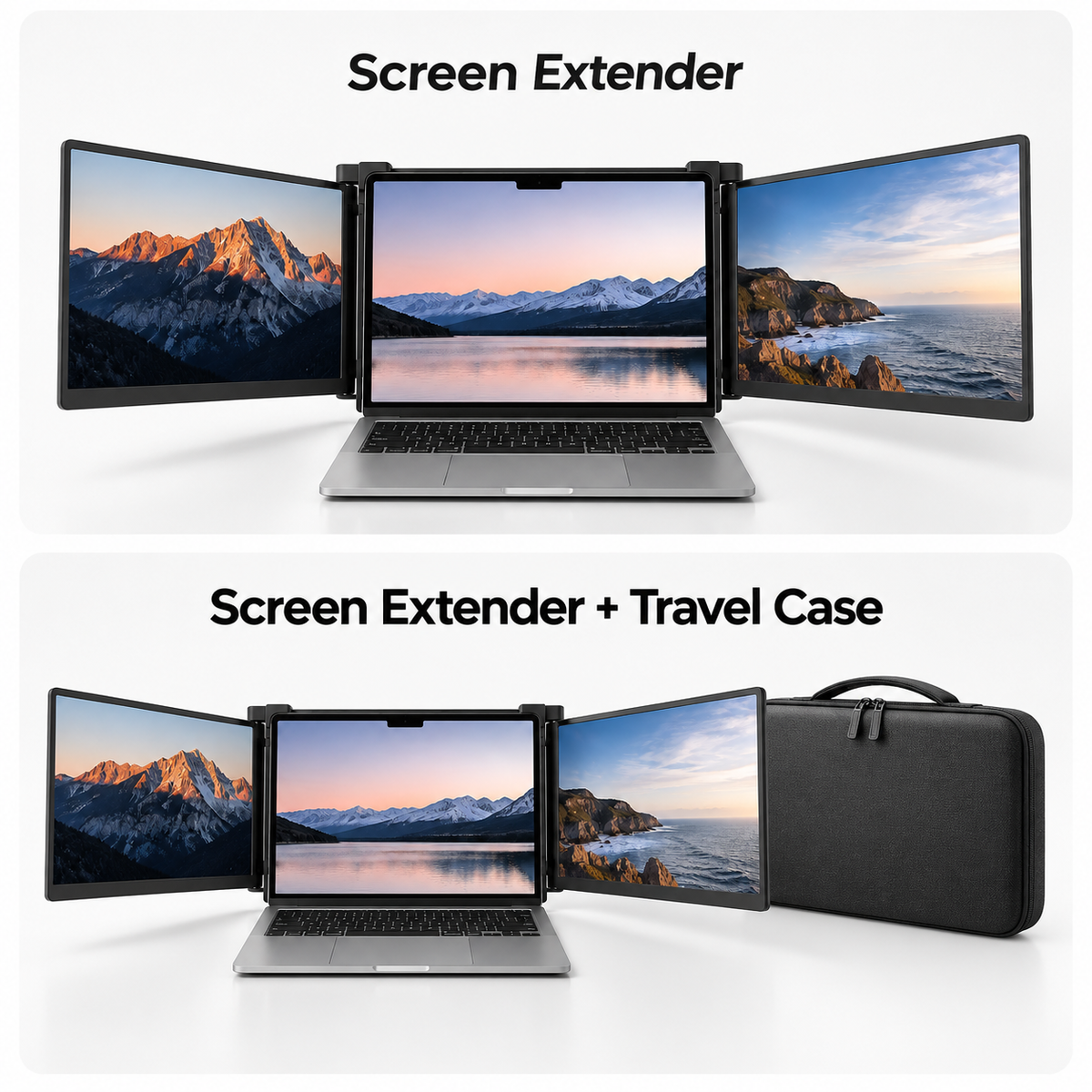 Comparison image showing screen extender bundle and screen extender with travel case