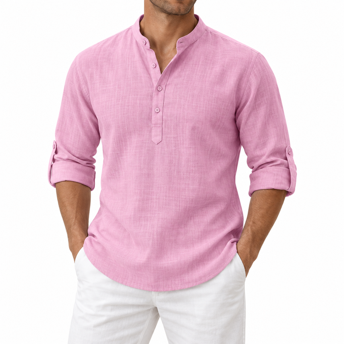 Men’s Lightweight Cotton Casual Shirt – Breathable Stand Collar Button-Up