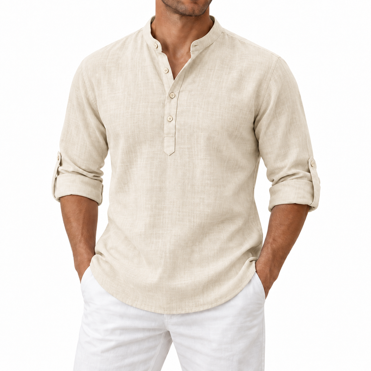 Men’s Lightweight Cotton Casual Shirt – Breathable Stand Collar Button-Up