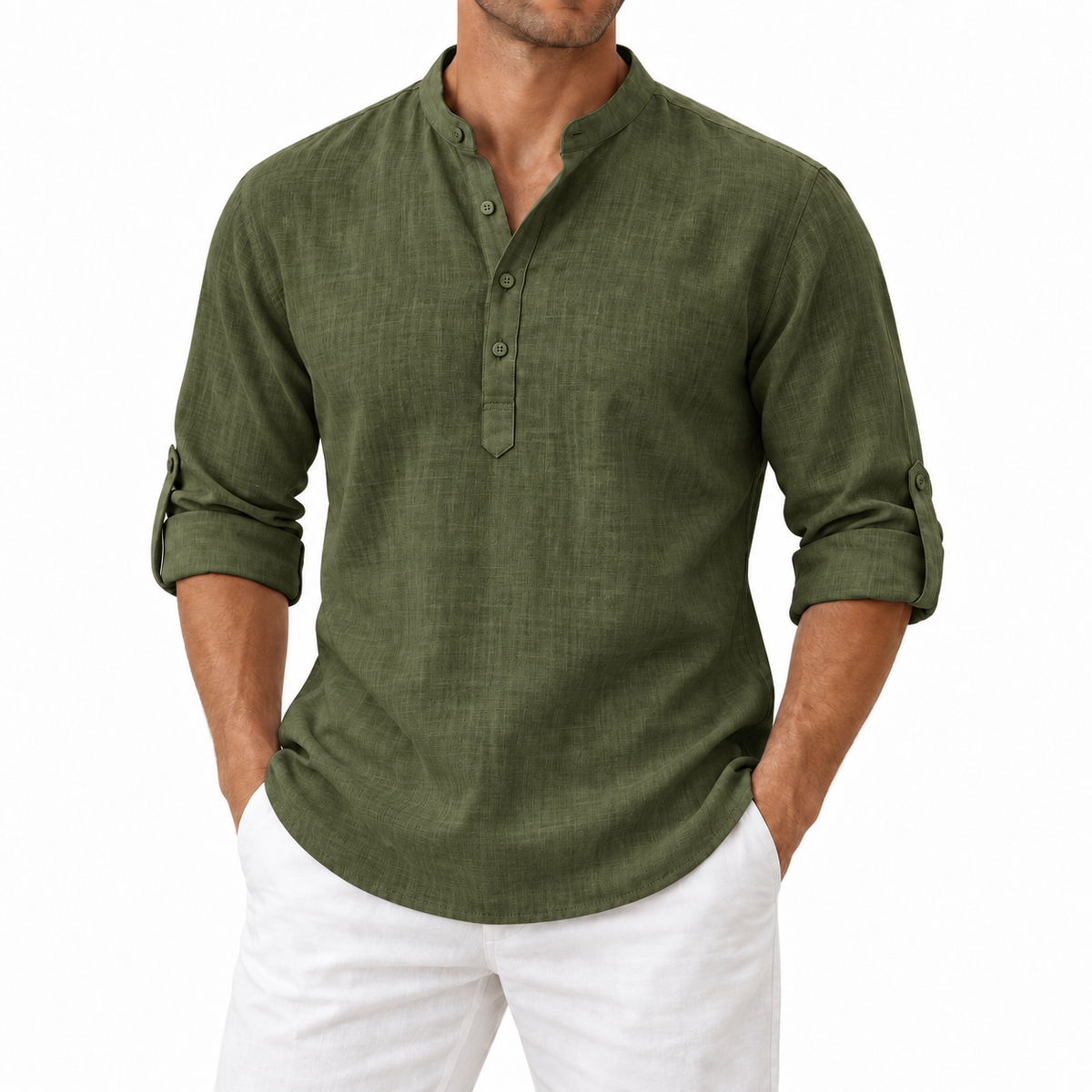 Men’s Lightweight Cotton Casual Shirt – Breathable Stand Collar Button-Up