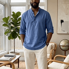 Men’s Lightweight Cotton Casual Shirt – Breathable Stand Collar Button-Up