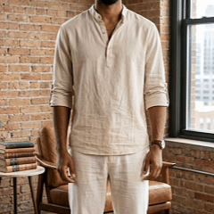 Men’s Lightweight Cotton Casual Shirt – Breathable Stand Collar Button-Up