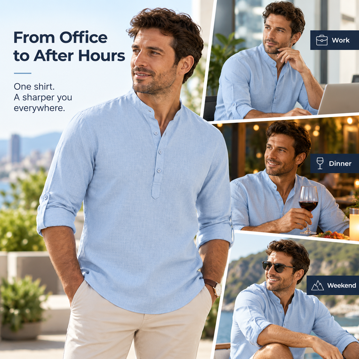 Men’s Lightweight Cotton Casual Shirt – Breathable Stand Collar Button-Up