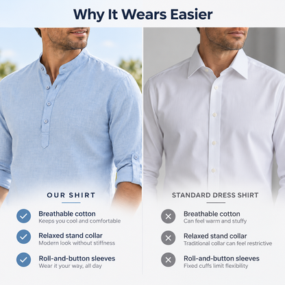 Men’s Lightweight Cotton Casual Shirt – Breathable Stand Collar Button-Up
