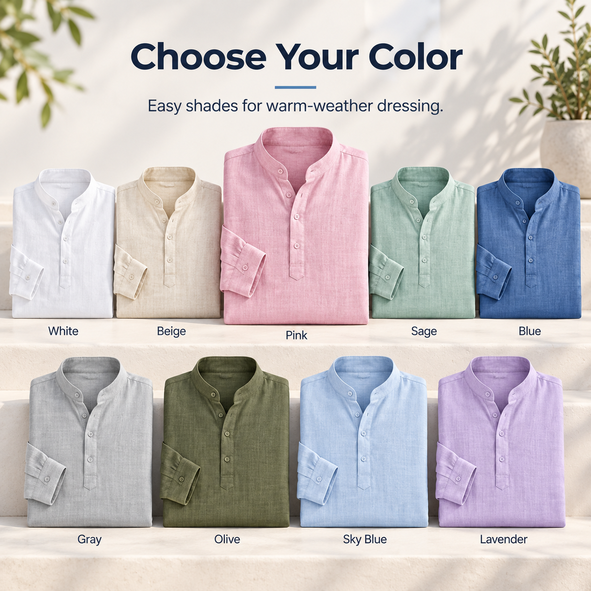 Men’s Lightweight Cotton Casual Shirt – Breathable Stand Collar Button-Up