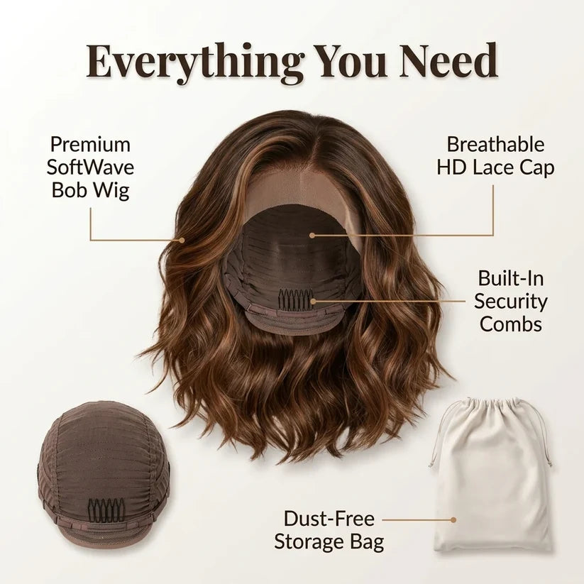 Natural Wavy Bob Wig – Soft Layered Short Synthetic Wig