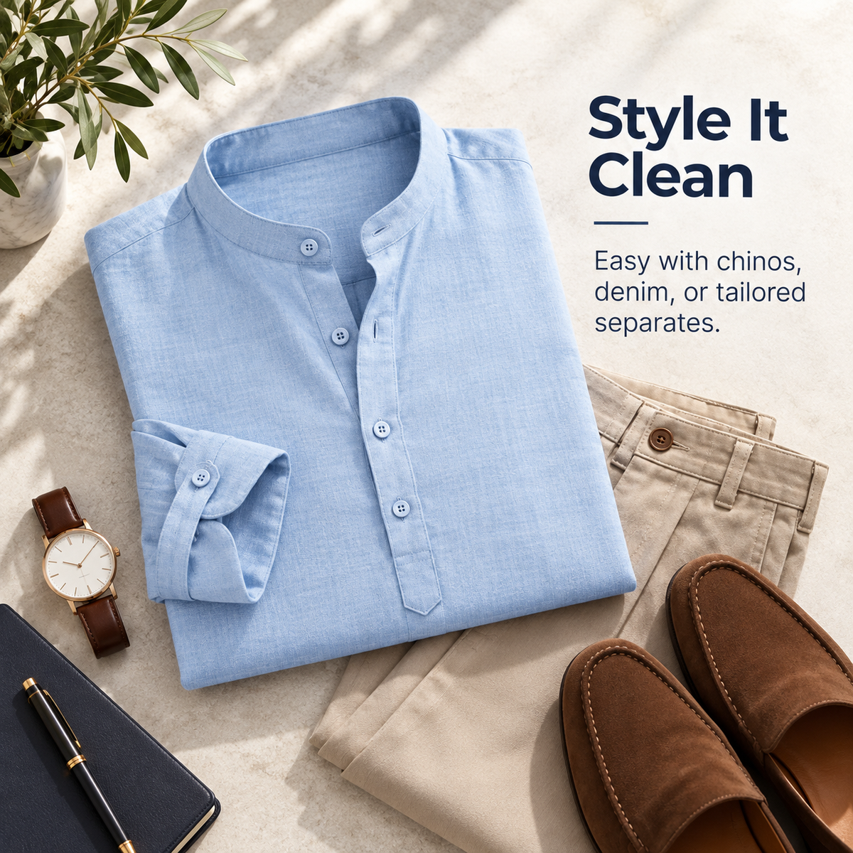 Men’s Lightweight Cotton Casual Shirt – Breathable Stand Collar Button-Up