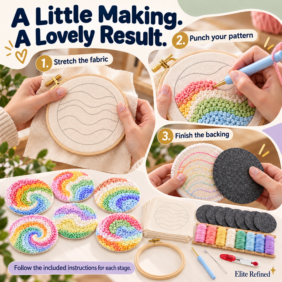 6-Piece Floral Punch-Needle Embroidery Coaster DIY Kit