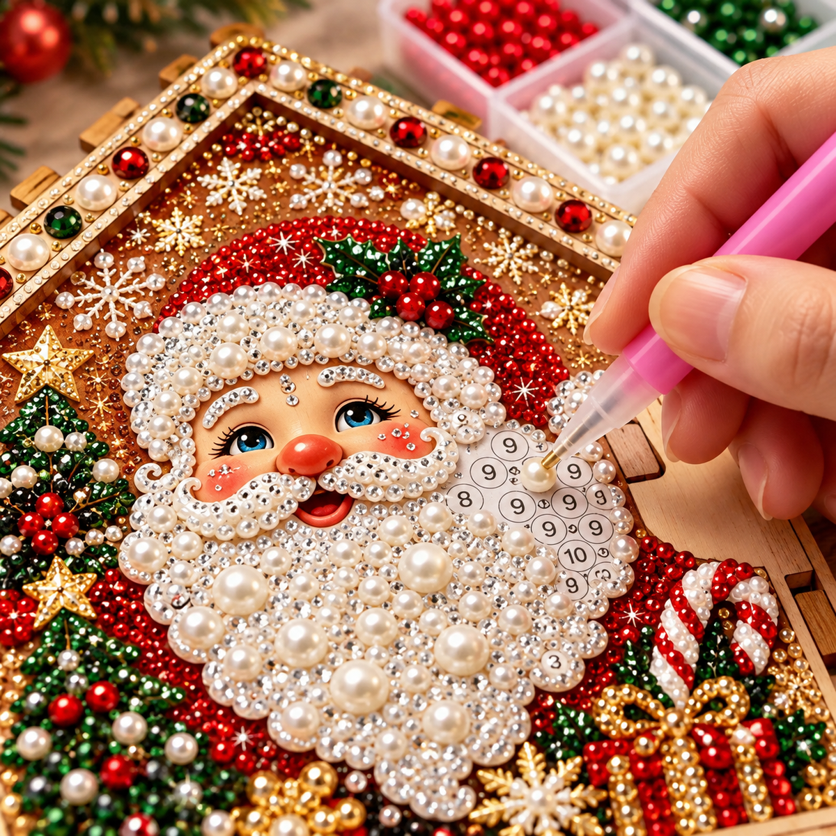 3D Christmas Wooden House Pearl & Rhinestone Art Kit
