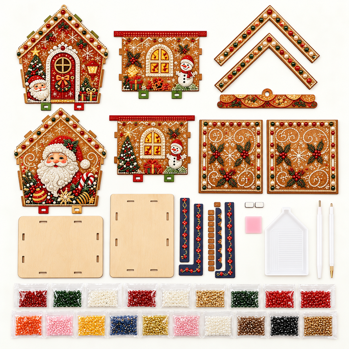 3D Christmas Wooden House Pearl & Rhinestone Art Kit