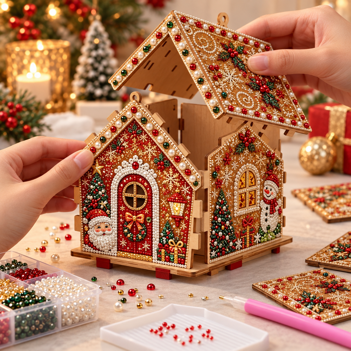 3D Christmas Wooden House Pearl & Rhinestone Art Kit
