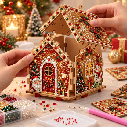 3D Christmas Wooden House Pearl & Rhinestone Art Kit