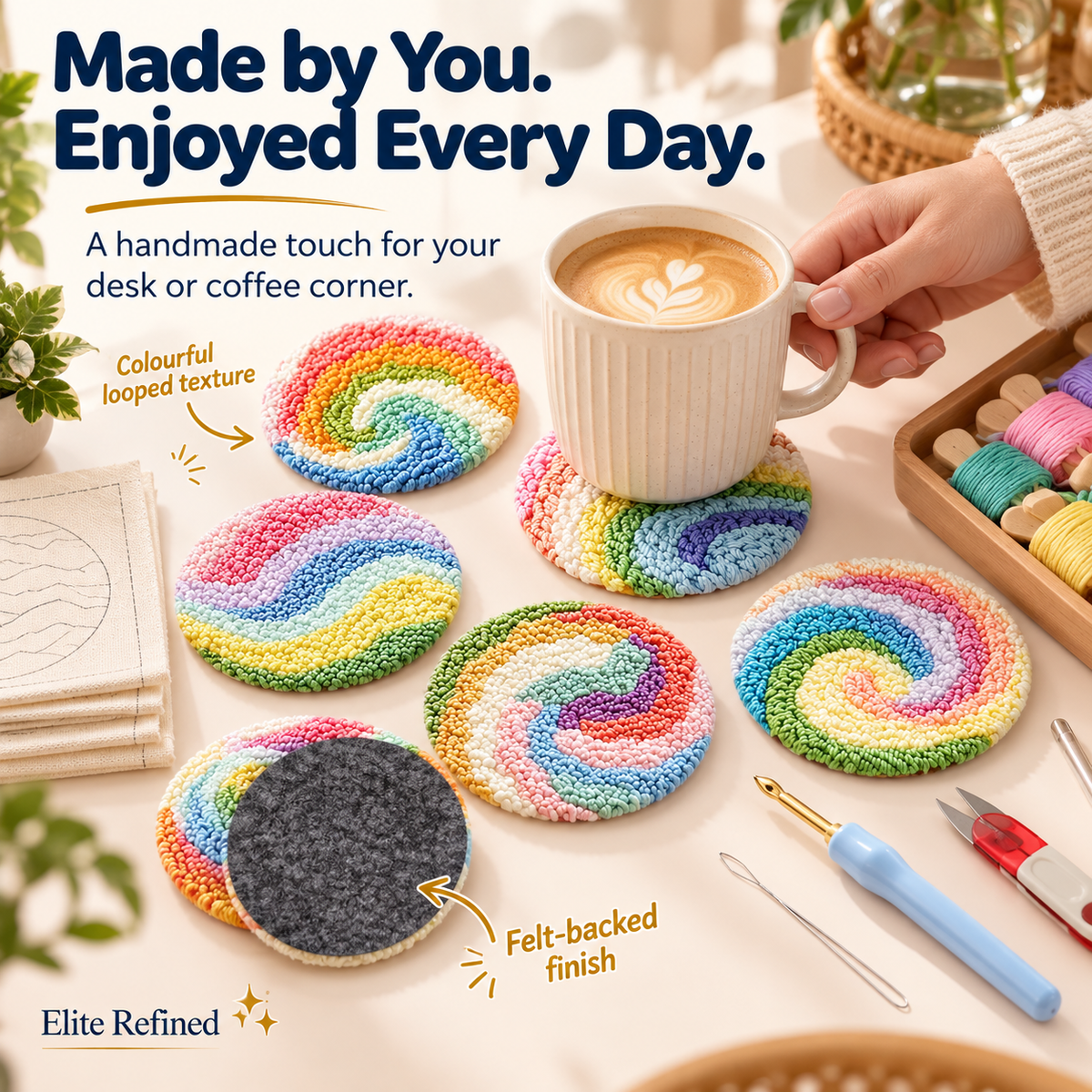 6-Piece Floral Punch-Needle Embroidery Coaster DIY Kit