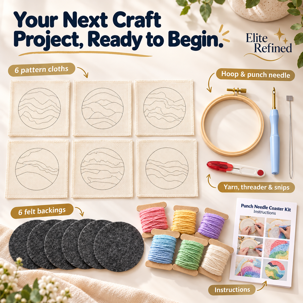 6-Piece Floral Punch-Needle Embroidery Coaster DIY Kit