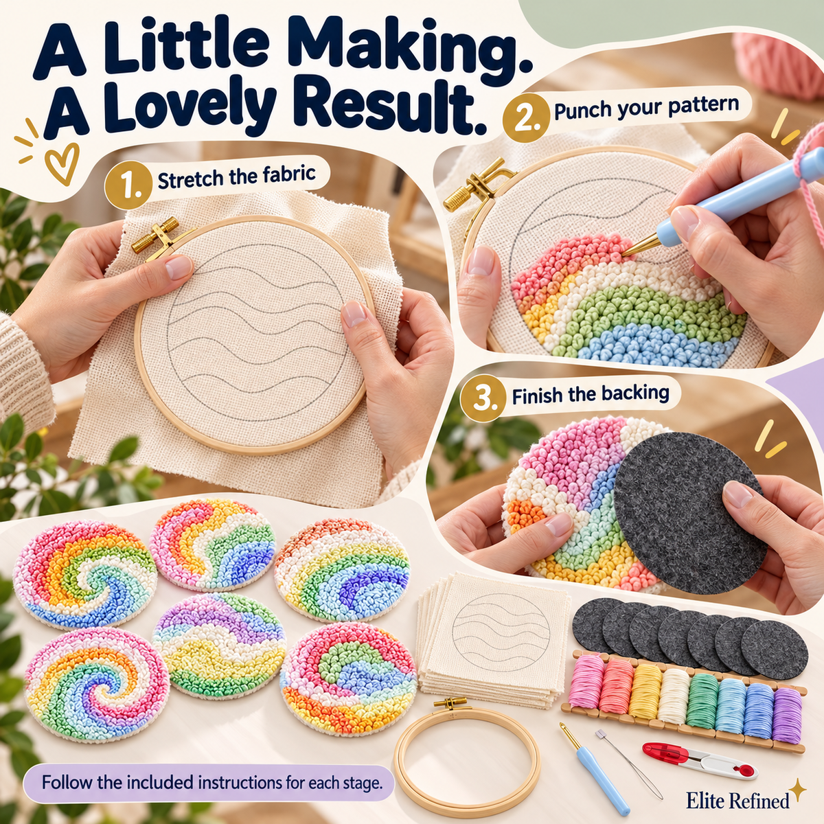 6-Piece Floral Punch-Needle Embroidery Coaster DIY Kit