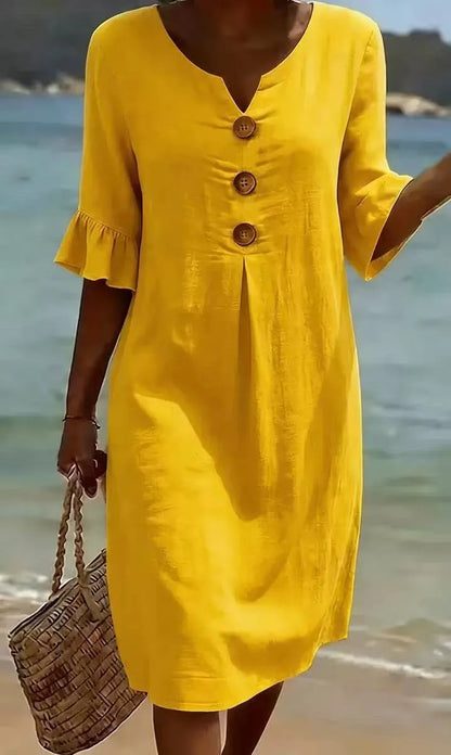 Clara Ruffle Button V-Neck Dress