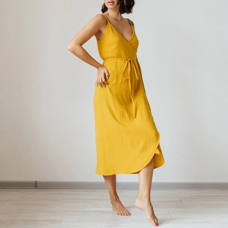 Elara Cotton Gauze V-Neck Midi Dress