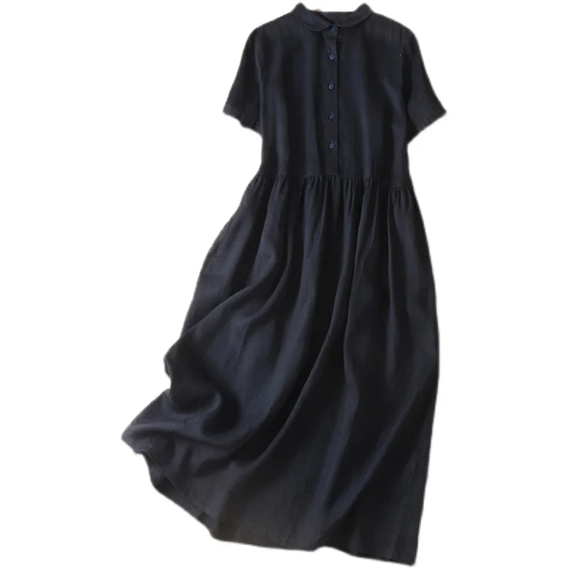 Olive Cotton-Linen Button Midi Dress