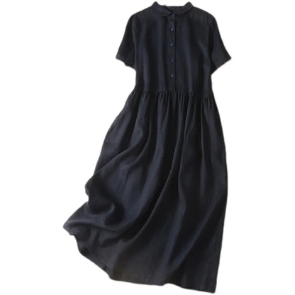 Olive Cotton-Linen Button Midi Dress