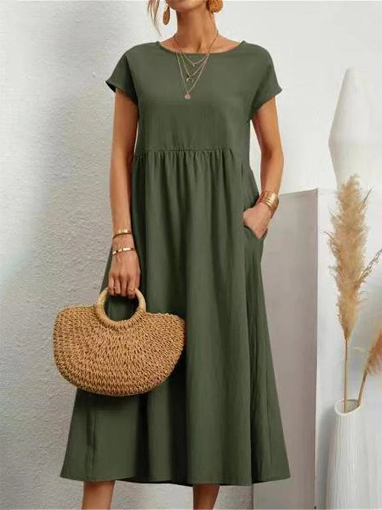 Marlow Cotton-Linen Pocket Midi Dress