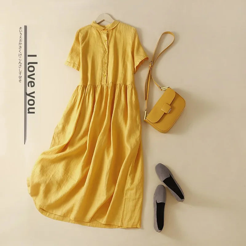 Olive Cotton-Linen Button Midi Dress