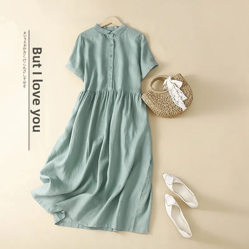 Olive Cotton-Linen Button Midi Dress