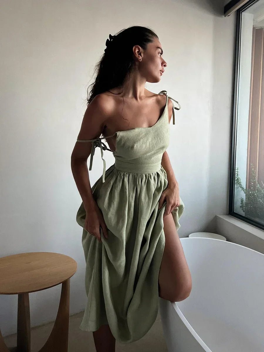 Amara Cotton-Linen V-Neck Midi Dress