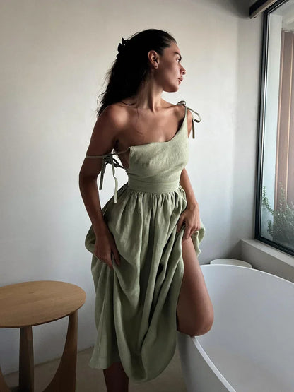 Amara Cotton-Linen V-Neck Midi Dress