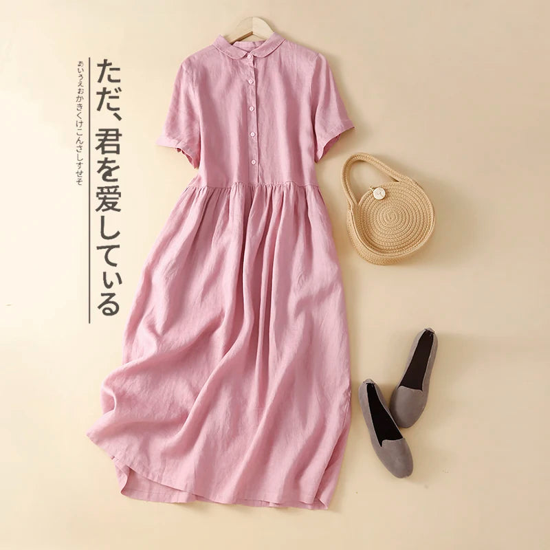 Olive Cotton-Linen Button Midi Dress