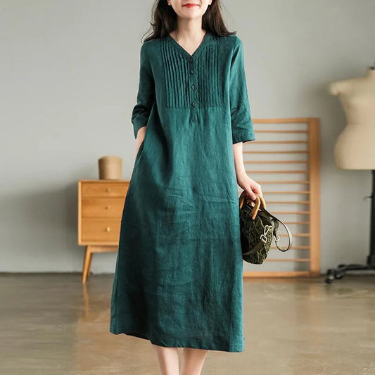Celeste Cotton-Linen V-Neck Midi Dress