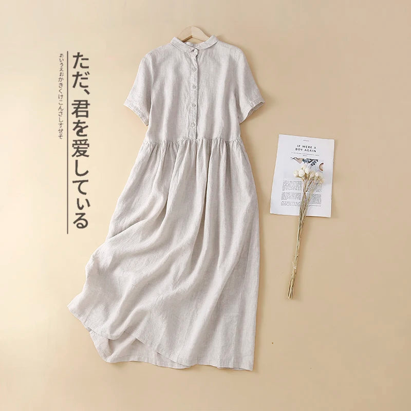 Olive Cotton-Linen Button Midi Dress