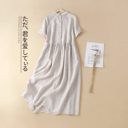 Olive Cotton-Linen Button Midi Dress