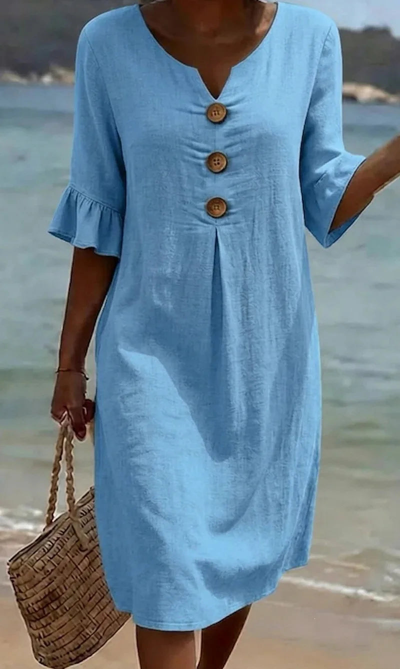 Clara Ruffle Button V-Neck Dress