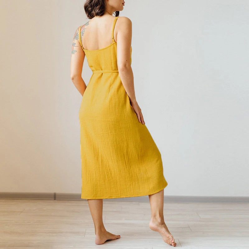 Elara Cotton Gauze V-Neck Midi Dress