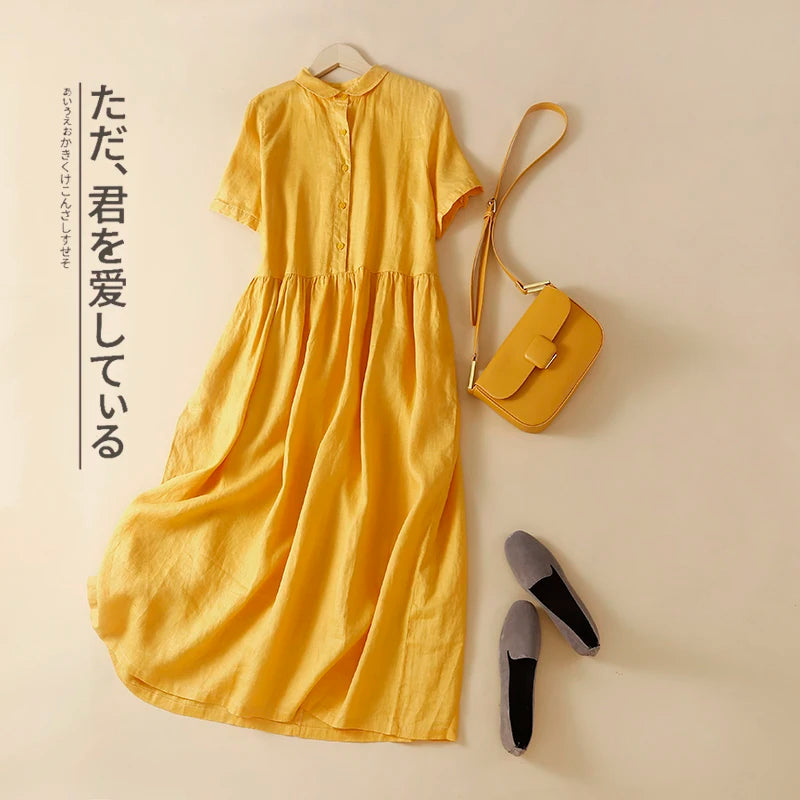 Olive Cotton-Linen Button Midi Dress
