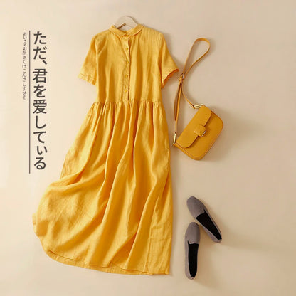 Olive Cotton-Linen Button Midi Dress