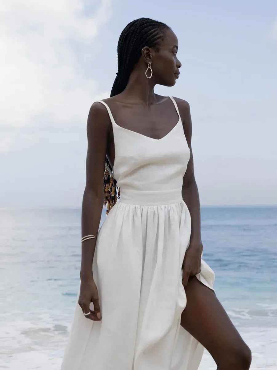 Amara Cotton-Linen V-Neck Midi Dress