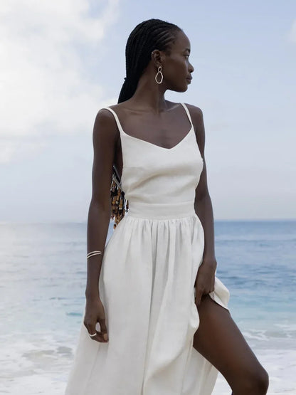 Amara Cotton-Linen V-Neck Midi Dress