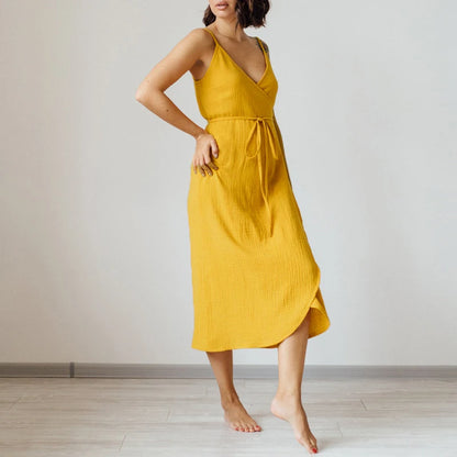 Elara Cotton Gauze V-Neck Midi Dress