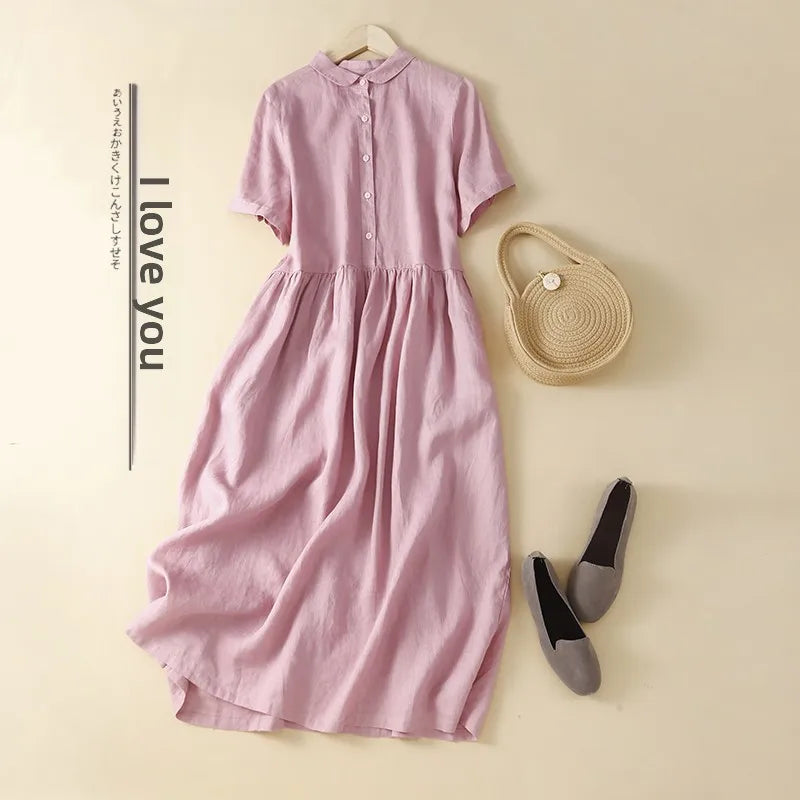 Olive Cotton-Linen Button Midi Dress