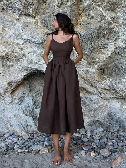 Amara Cotton-Linen V-Neck Midi Dress