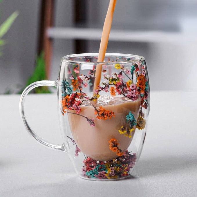Floral Double Wall Glass Mug