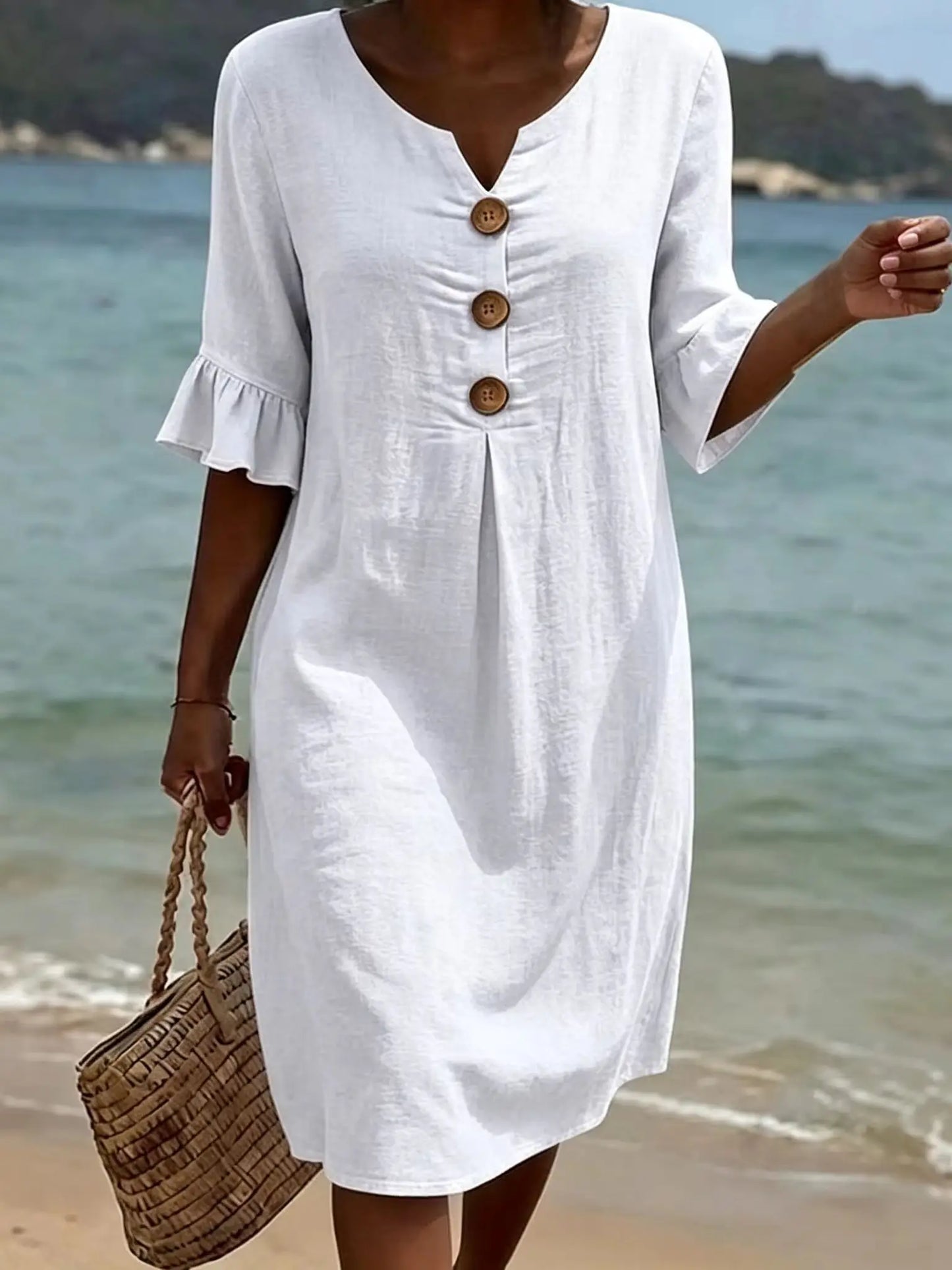 Clara Ruffle Button V-Neck Dress