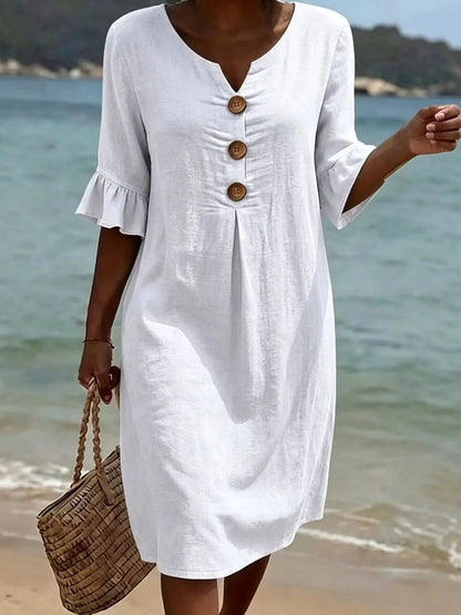 Clara Ruffle Button V-Neck Dress