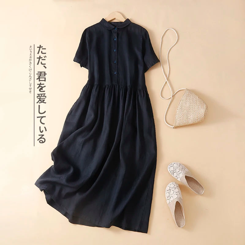 Olive Cotton-Linen Button Midi Dress