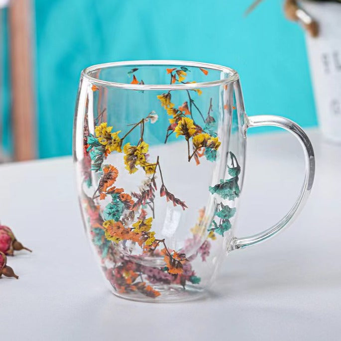 Floral Double Wall Glass Mug